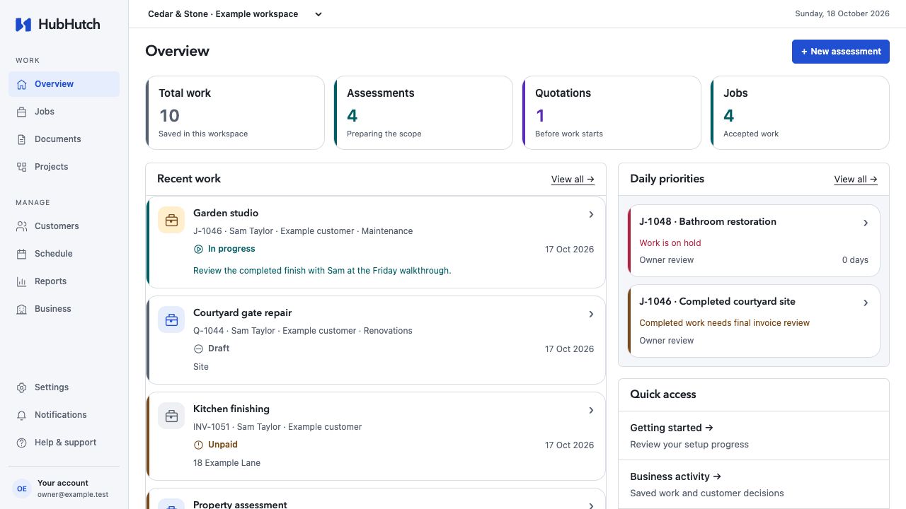 The HubHutch overview, showing recent jobs, their status and daily priorities.